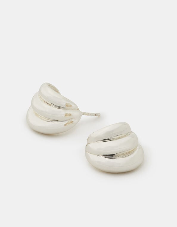 Sterling Silver-Plated Chunky Ridge Curve Stud Earrings, , large