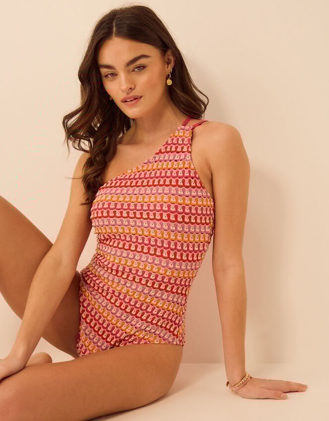 One Shoulder Crochet Swimsuit, Multi (BRIGHTS MULTI), large