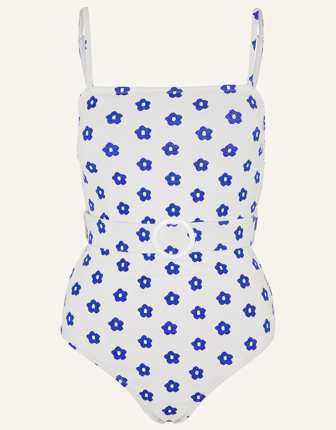 Daisy Print Belt Swimsuit, White (WHITE), large