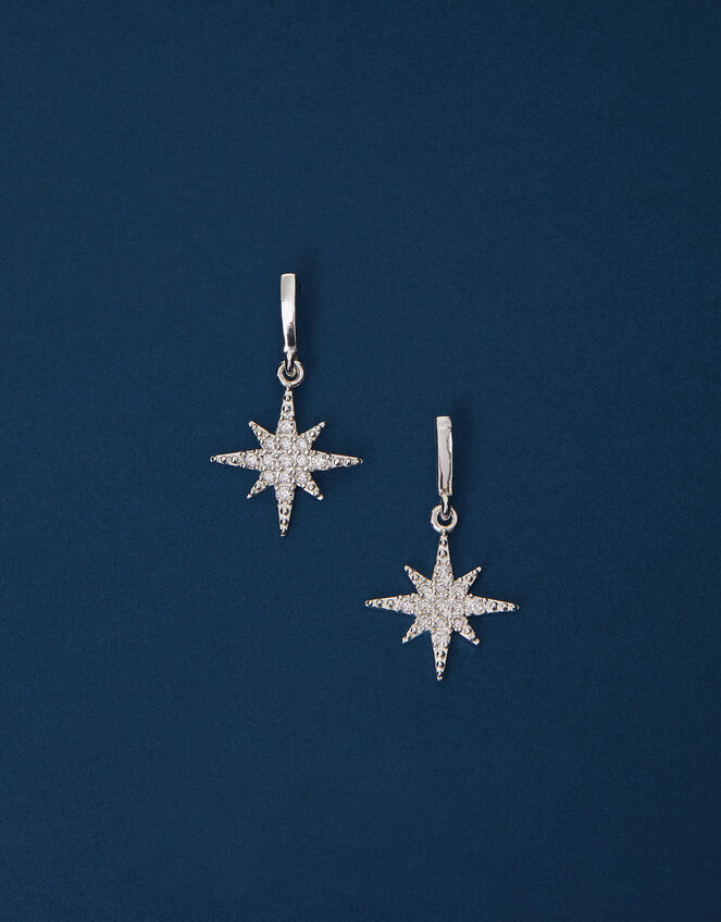 Sterling Silver-Plated Diamante Star Drop Earrings, , large