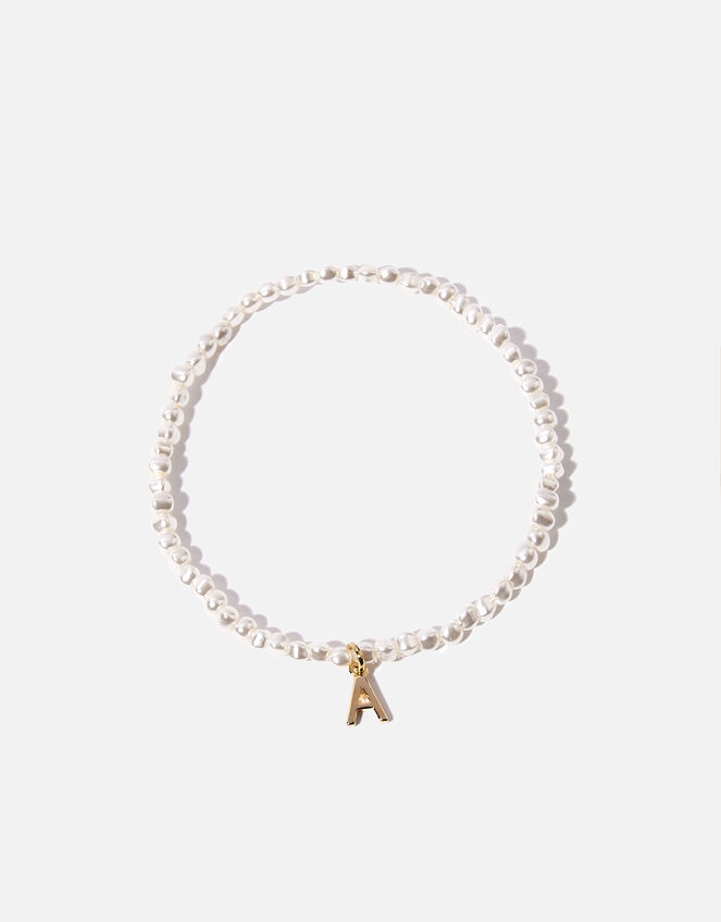 14ct Gold-Plated Initial Pearl Stretch Bracelet , Cream (PEARL), large