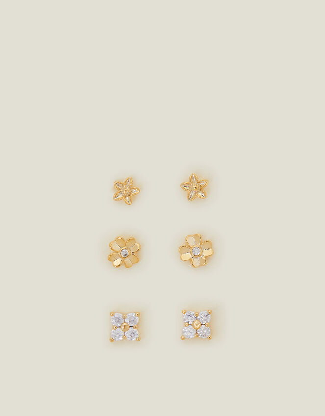 3-Pack 14ct Gold-Plated Flower Stud Earrings, , large