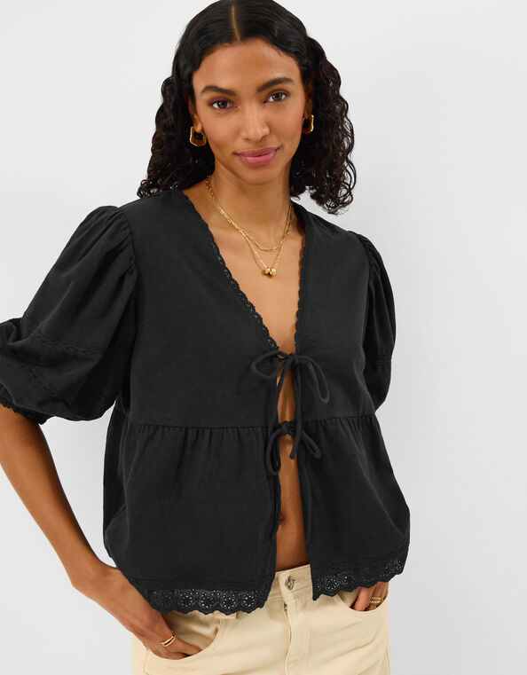 Puff Sleeve Tie Front Blouse, Black (BLACK), large