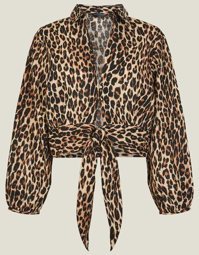 Leopard Print Tie Front Shirt, Brown (BROWN), large