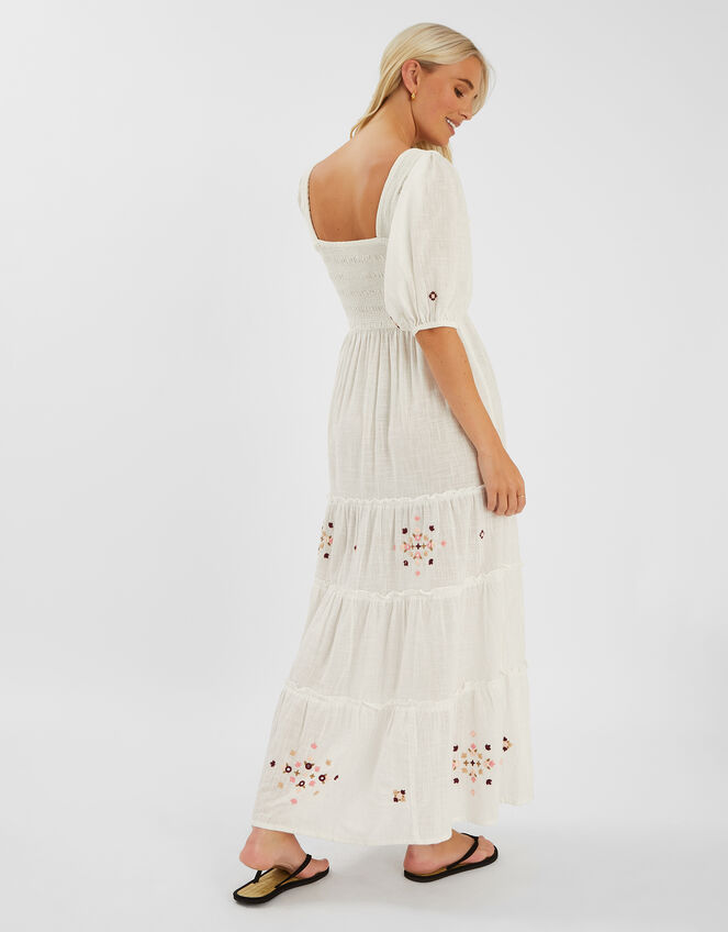 Embroidered Smocked Puff-Sleeve Maxi Dress, Ivory (IVORY), large