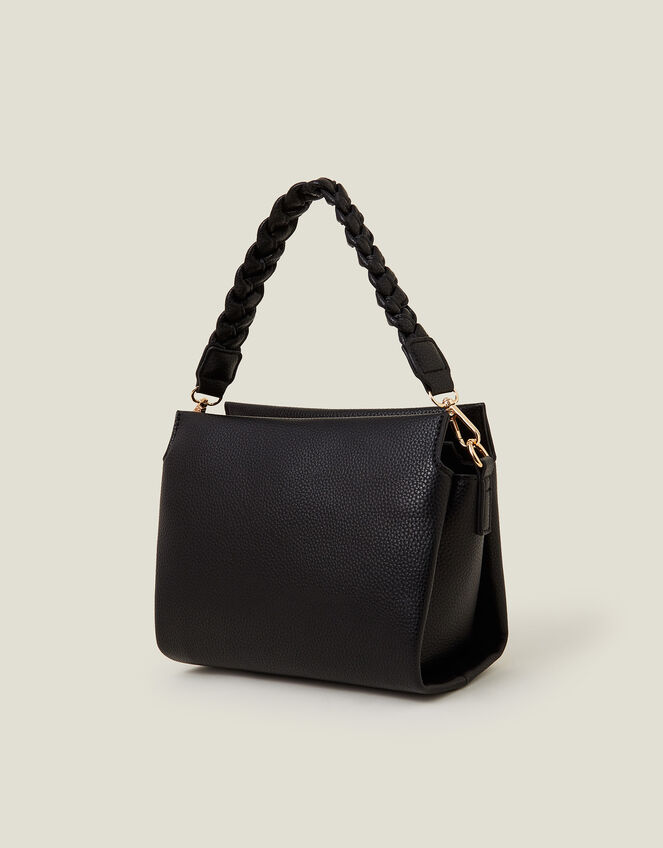 Braid Strap Faux Leather Cross-Body Bag, Black (BLACK), large