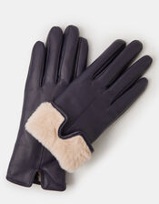 Faux Fur Lined Leather Gloves, Blue (NAVY), large