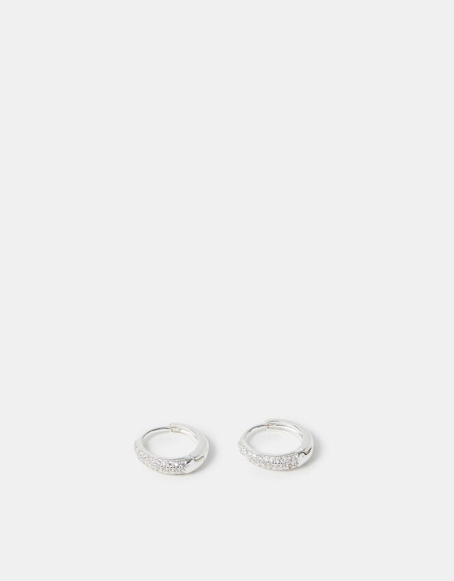 Sterling Silver-Plated Diamanté Huggie Hoop Earrings, , large