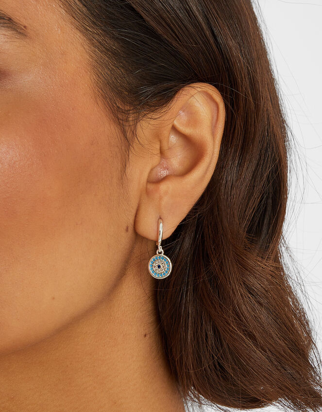Sterling Silver-Plated Evil Eye Hoop Earrings, , large