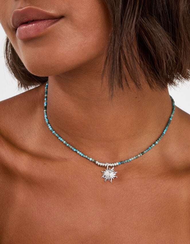 Sterling Silver-Plated Bead Sun Pendant Necklace, , large