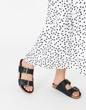 Buckle Footbed Leather Sandals , Black (BLACK), large