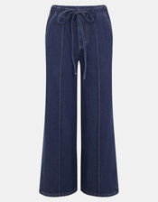 Denim Pintuck Wide Leg Trousers, Blue (DARK BLUE), large