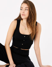 Button Front Lounge Crop Top, Black (BLACK), large