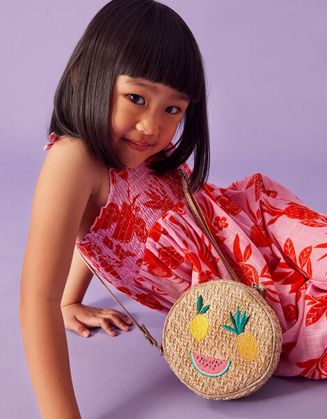 Kids Fruit Embroidered Straw Round Bag, , large