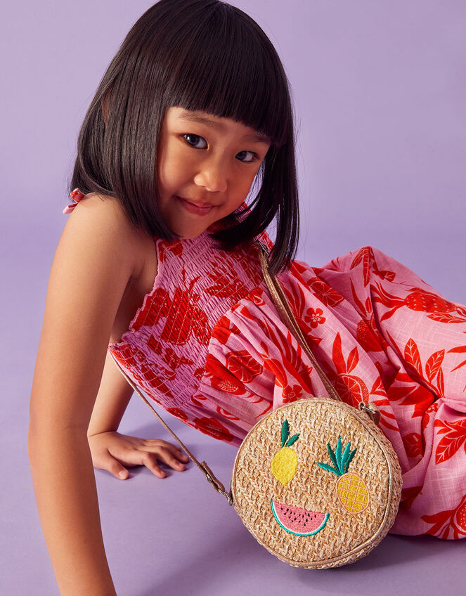 Kids Fruit Embroidered Straw Round Bag, , large