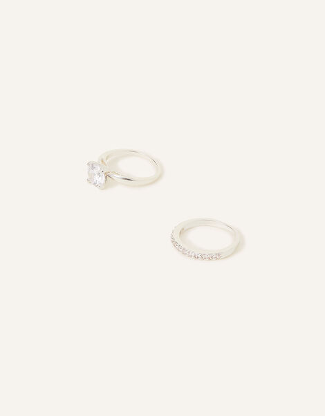Sterling Silver-Plated Solitaire Rings Set of Two, White (ST CRYSTAL), large