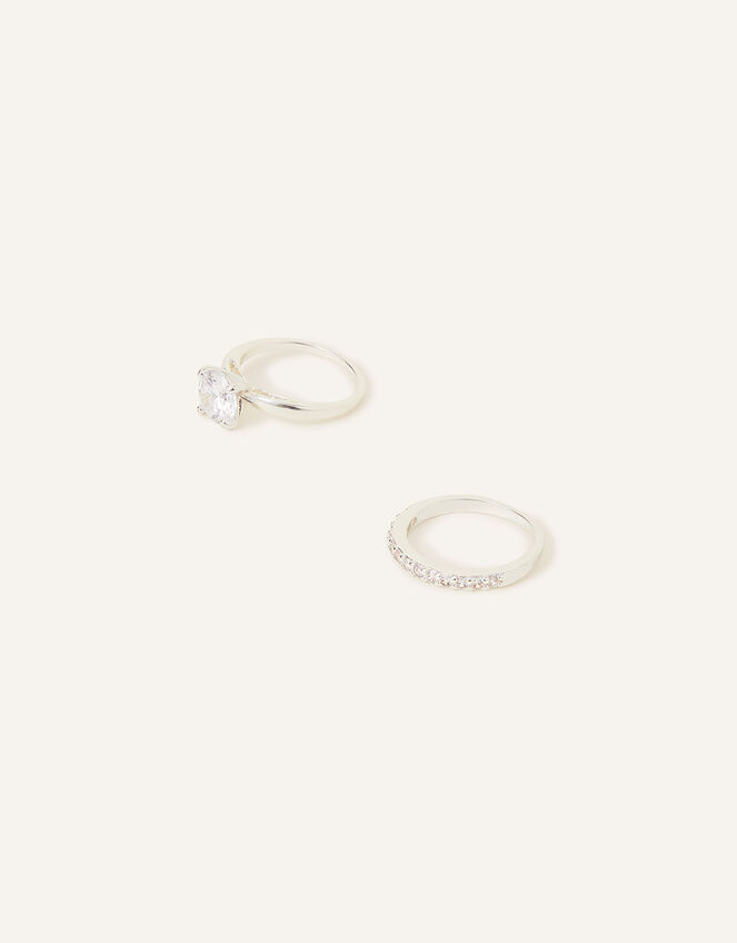 Sterling Silver-Plated Solitaire Rings Set of Two, White (ST CRYSTAL), large