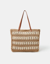 Stripe Woven Raffia Tote Bag, , large
