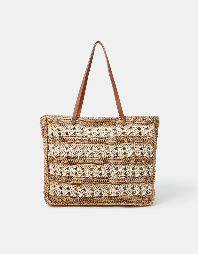 Stripe Woven Raffia Tote Bag, , large