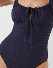 Seersucker Tie Front Swimsuit, Blue (NAVY), large