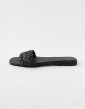 Plaited Strap Leather Sliders, Black (BLACK), large