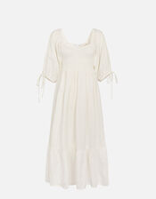 Puff Sleeve Textured Midi Dress, White (WHITE), large