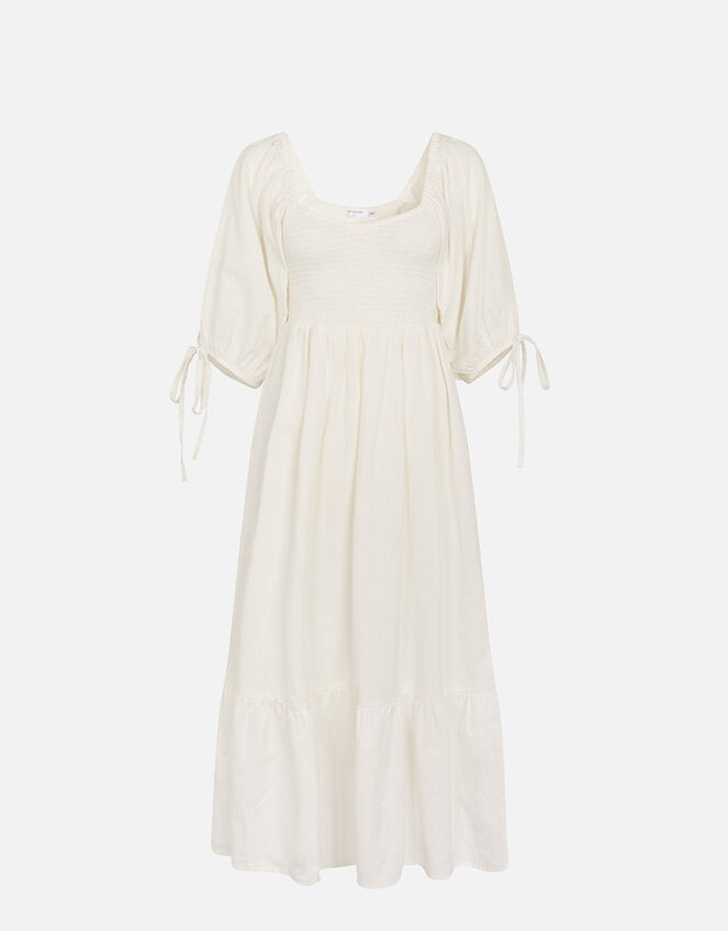 Puff Sleeve Textured Midi Dress, White (WHITE), large
