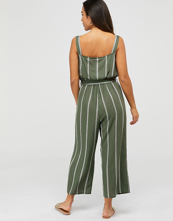Striped Jumpsuit with Waist Belt, Green (KHAKI), large