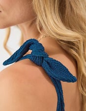 Tie Shoulder Crinkle Textured Swimsuit, Blue (BLUE), large