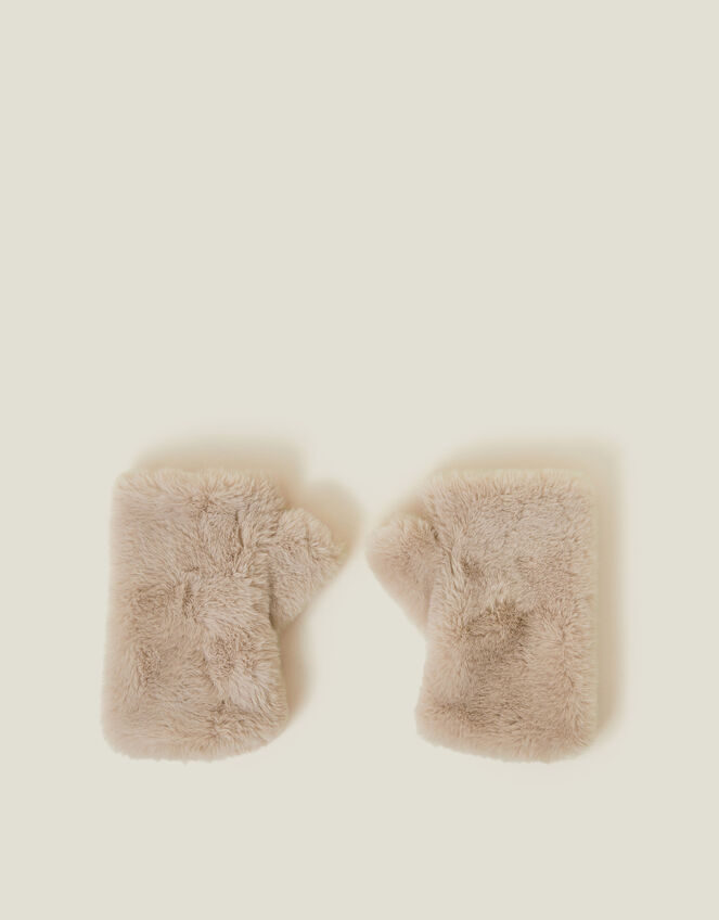 Faux Fur Fingerless Mittens, Natural (NATURAL), large