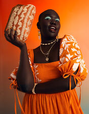 Raffia Beaded Wooden Frame Clutch Bag, Orange (ORANGE), large