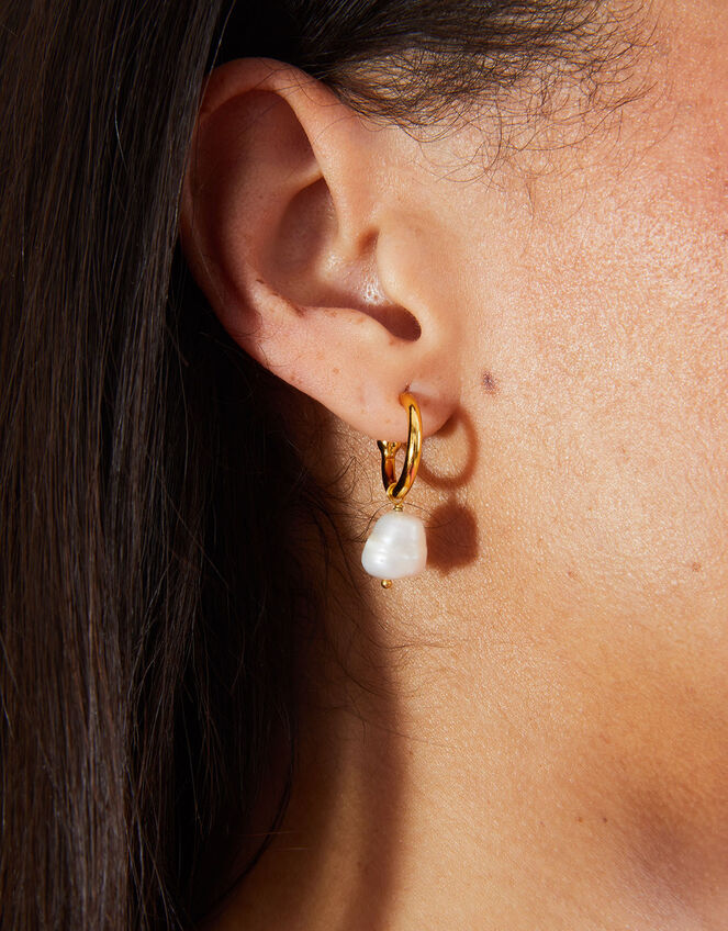14ct Gold-Plated Chunky Pearl Drop Hoops, , large