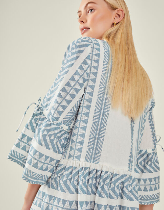 Print Jacquard Flute Sleeve Mini Dress with Sustainable Cotton, DENIM, large