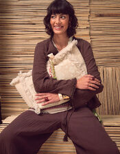 Crinkle Long Sleeve Tie Top, Brown (CHOCOLATE), large
