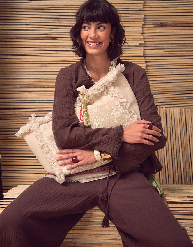 Crinkle Long Sleeve Tie Top, Brown (CHOCOLATE), large