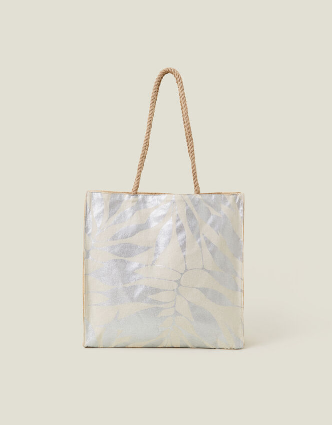 Metallic Leaf Print Shopper Bag, , large