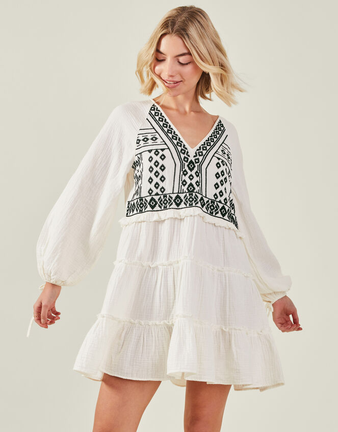 Embroidered Ruffle Dress, Cream (CREAM), large