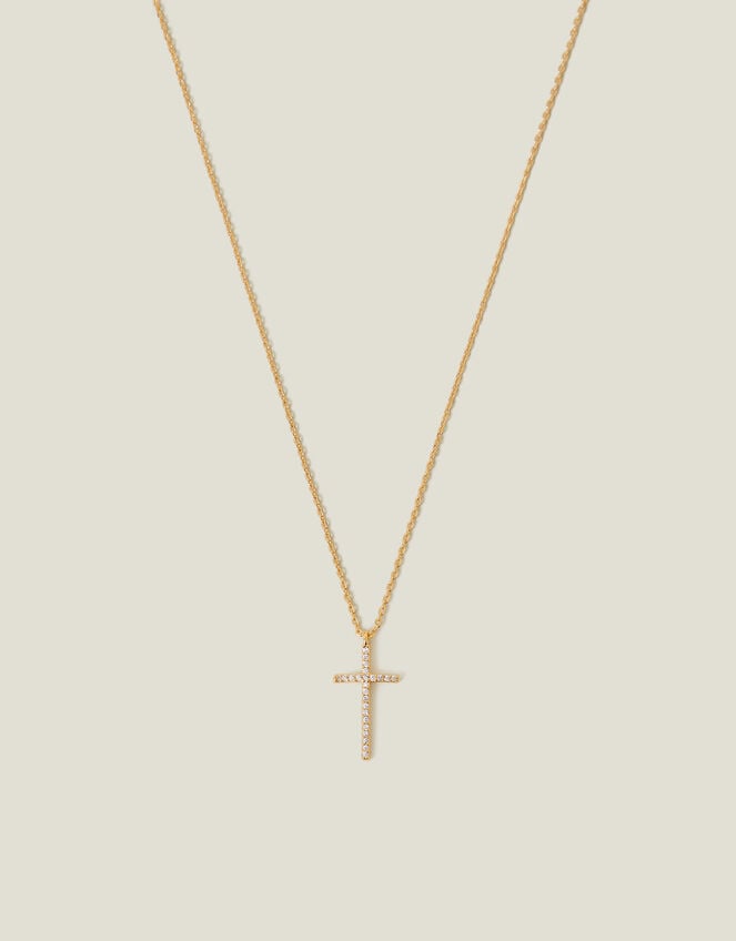 14ct Gold-Plated Sparkle Cross Pendant Necklace, , large