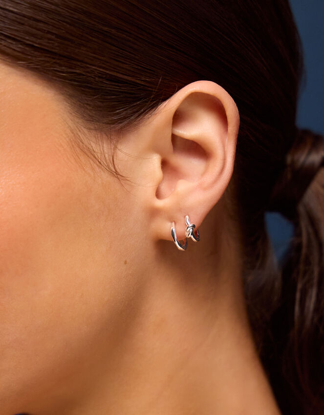 4-Pack Sterling Silver-Plated Knot Stud & Hoop Earrings, , large