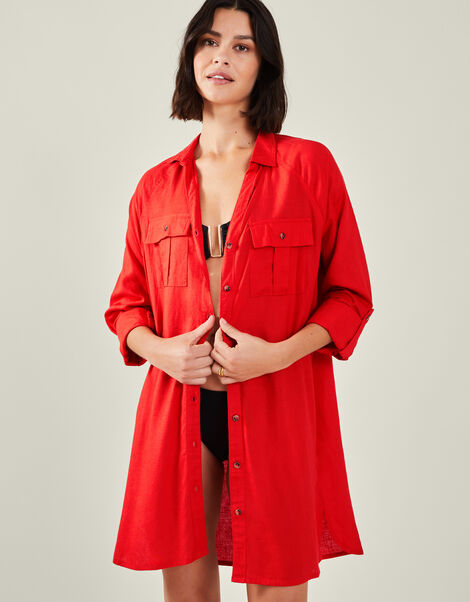 Long Sleeve Beach Cover Up Shirt, Red (RED), large