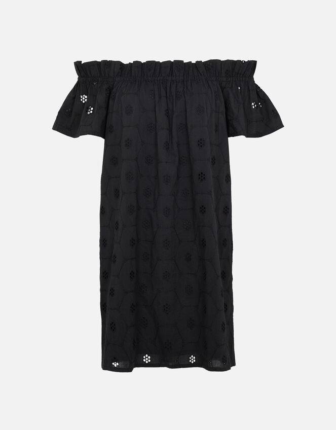 Schiffli Bardot Dress in Organic Cotton, Black (BLACK), large