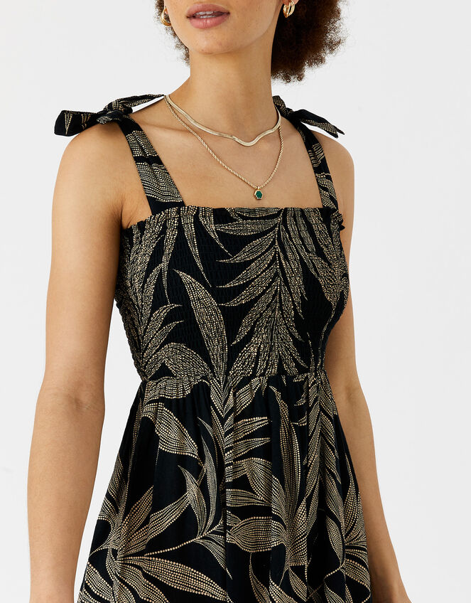 Palm Print Tie-Shoulder Midi Dress, Black (BLACK), large