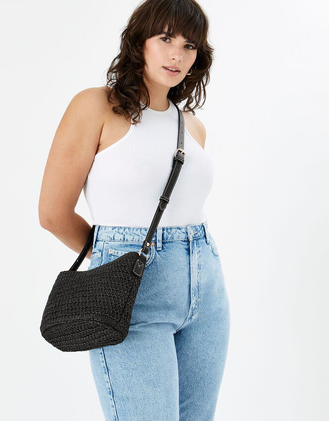 Maeve Raffia Cross-Body Bag, Black (BLACK), large