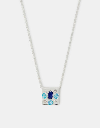 Sterling Silver-Plated Stone Square Pendant Necklace, , large