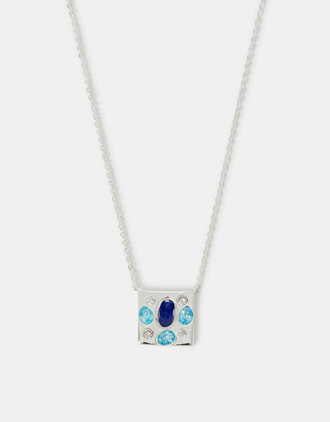 Sterling Silver-Plated Stone Square Pendant Necklace, , large