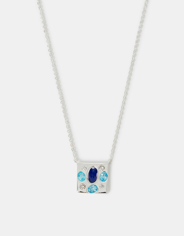 Sterling Silver-Plated Stone Square Pendant Necklace, , large