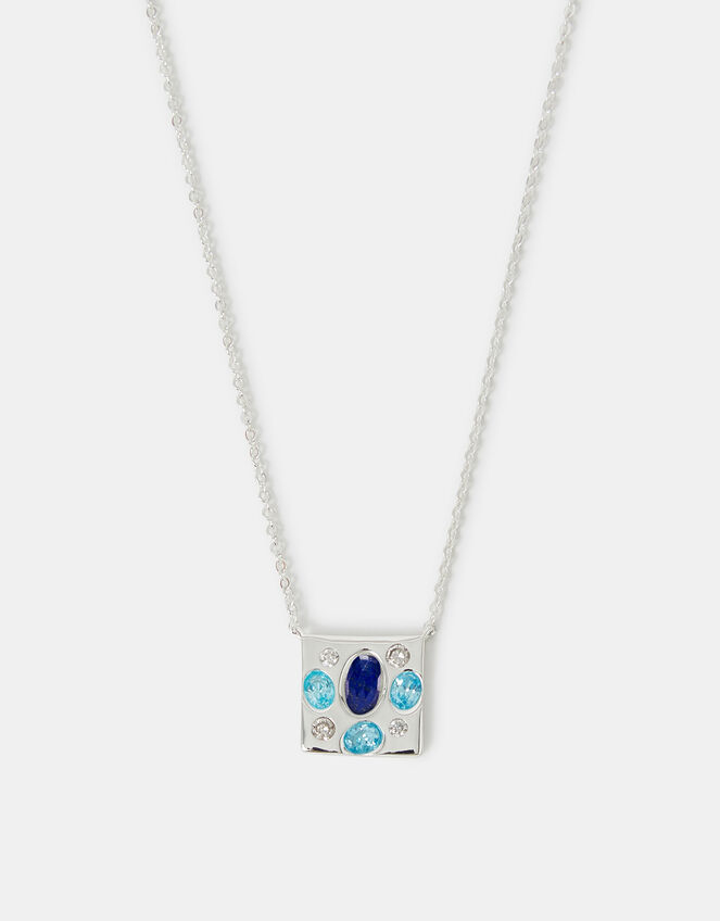 Sterling Silver-Plated Stone Square Pendant Necklace, , large