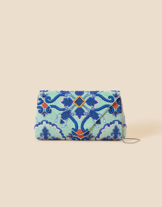 Large Beaded Tile Print Clutch Bag, , large