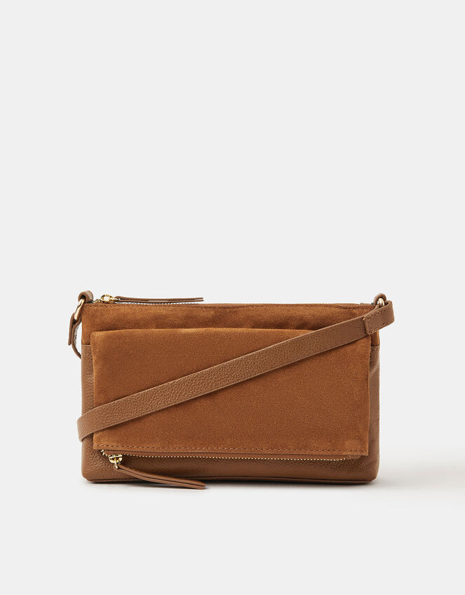 Fold Over Zip Leather Crossbody Bag, Tan (TAN), large