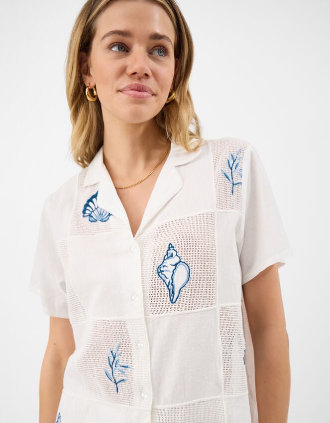 Shell Embroidered Patchwork Shirt, Ivory (IVORY), large